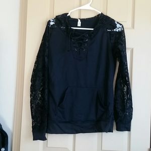 Black hoodie with lace sleeves and hood